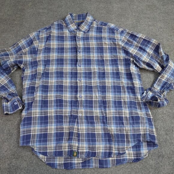 Robert Talbot Mens Shirt XL  Blue Plaid Long Sleeve Linen Made in Portugal - Picture 1 of 10